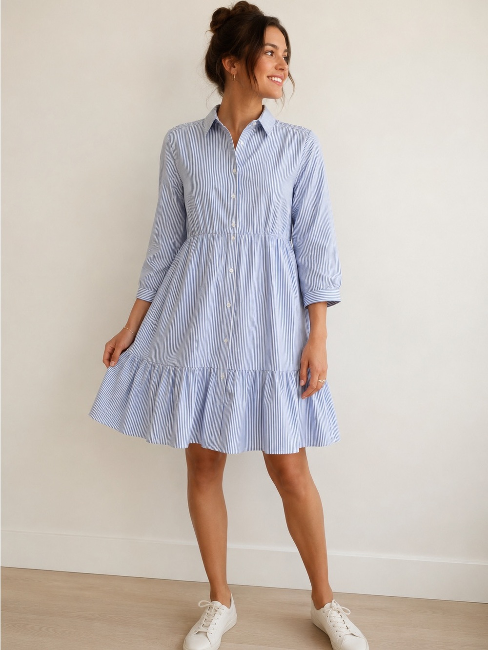 Pink Ripple Blue White Stripe Button Front Shirt Dress Size M